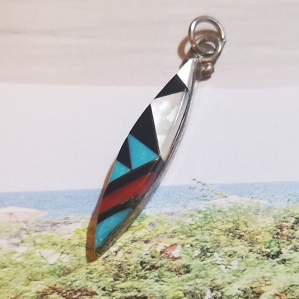 Elcario & Cleo Kallestewa ZUNI Pueblo NM Multi Inlay Pendant - Picture 2 of 5